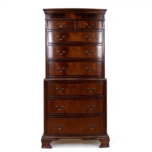 438 - Mid 20th Century smaller size bow fronted mahogany Georgian Revival chest on chest with two short ov... 