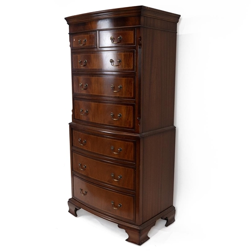 438 - Mid 20th Century smaller size bow fronted mahogany Georgian Revival chest on chest with two short ov... 