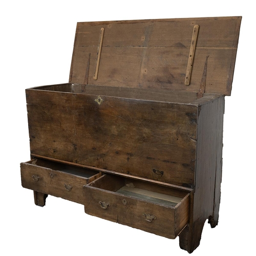 439 - Early 19th Century Oak and Elm Mule Chest the hinged top opening to reveal candle box, two drawers w... 