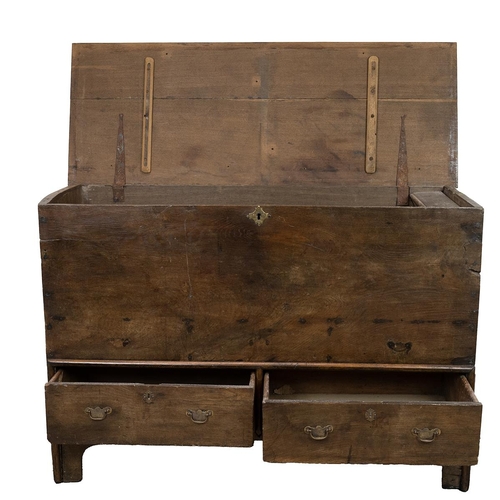 439 - Early 19th Century Oak and Elm Mule Chest the hinged top opening to reveal candle box, two drawers w... 