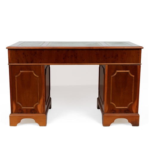 441 - Late 20th Century yew wood twin pedestal desk with tooled green leather top over six drawers and a c... 