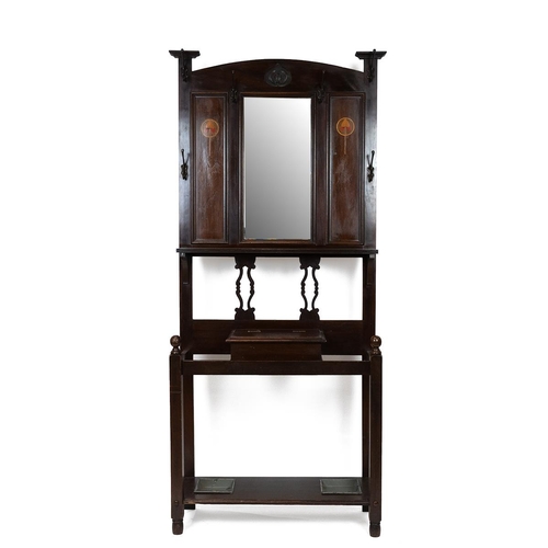 449 - Early 20th Century Arts and Crafts mahogany hall stand with central mirror flanked by inlaid panels ... 