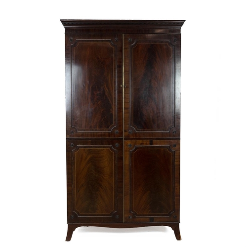 450 - Mid 19th Century flame mahogany single wardrobe, two panelled and inlaid doors with locking key open... 