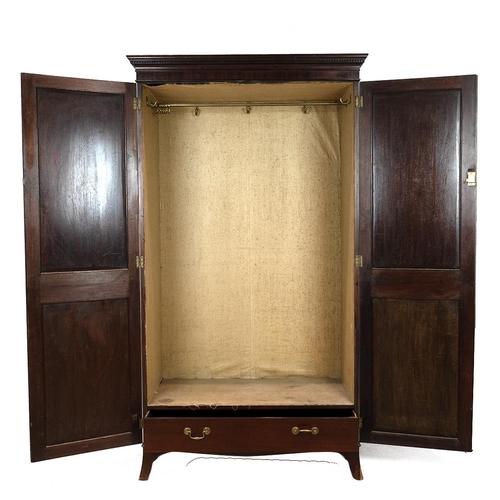 450 - Mid 19th Century flame mahogany single wardrobe, two panelled and inlaid doors with locking key open... 