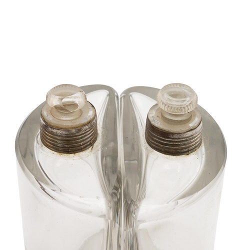 78 - Pair of early 20th century travelling spirit flasks, of semi-circular form with chromed tops, contai... 