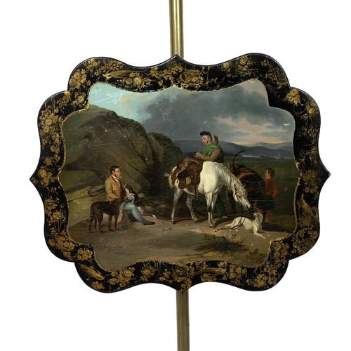 86 - 19th Century Pole Screen with hand painted oil on board Scottish scene fire screen, on adjustable br... 