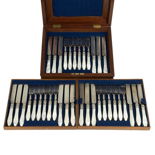 9 - A boxed canteen of cutlery containing three trays each containing six knives and six forks with moth... 