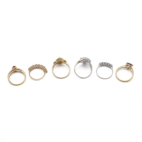 10 - Six modern 9ct gold rings, set with various gemstones, 11.39g.