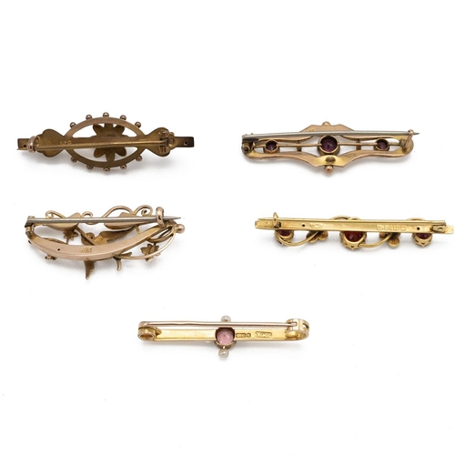 106 - Collection of five 9ct gold Edwardian and later bar brooches, each set with various gemstones, 10.48... 