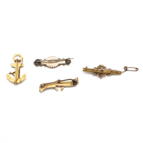 108 - Two 15ct gold bar brooches, 6.37g, along with 9ct gold bar brooches, one in the form of an anchor, 4... 