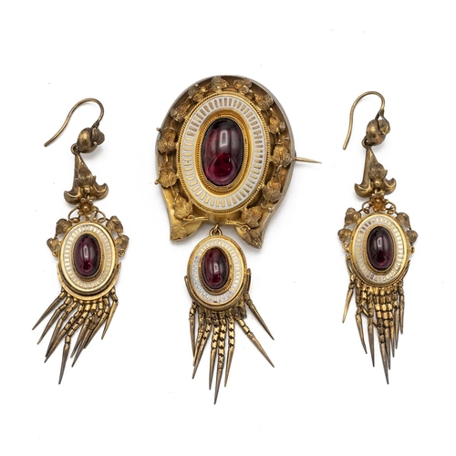 109 - A mid-Victorian suite of brooch and earrings, cabochon garnet and enamel set with fringe beneath, th... 