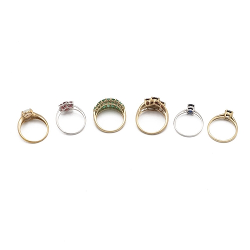 11 - Six modern 9ct gold rings, set with various gemstones, various sizes, 13.54g.