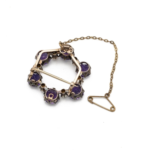 110 - Amethyst and seed pearl circlet brooch, the pearls untested and unwarranted, with a detachable brooc... 