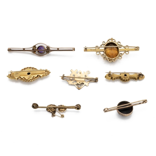 111 - Two 9ct gold gem set bar brooches, 15.68g, along with a 15ct gold bar brooches, 7.91g and three othe... 