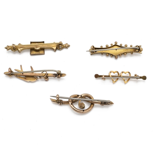 117 - Collection of five 9ct gold Edwardian and later bar brooches, each set with various gemstones, 9.14g... 