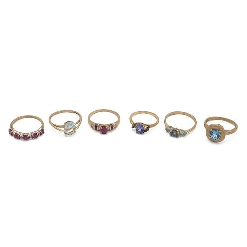 12 - Six 9ct gold modern rings, set with various gemstones, 11.66g.