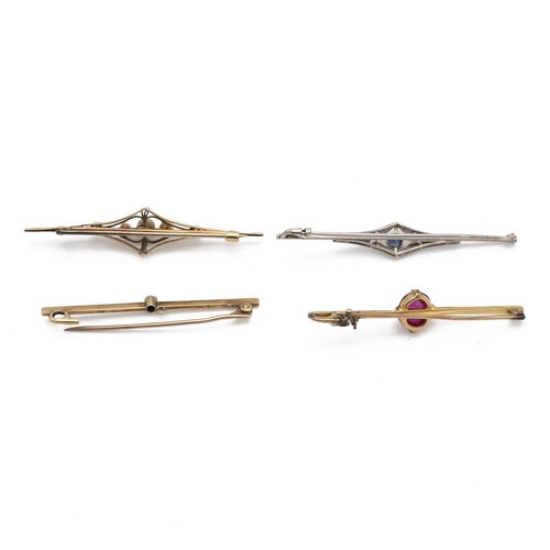 121 - Victorian and later gem set bar brooches, to include two 9ct gold examples, 4.78g and two gold plate... 