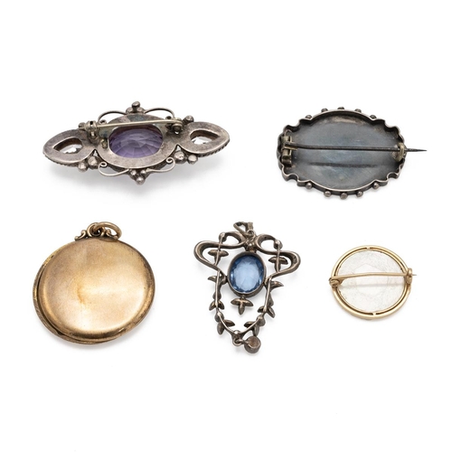 129 - A paste set pendant; a late Victorian brooch; a gilt metal locket; and two brooches.