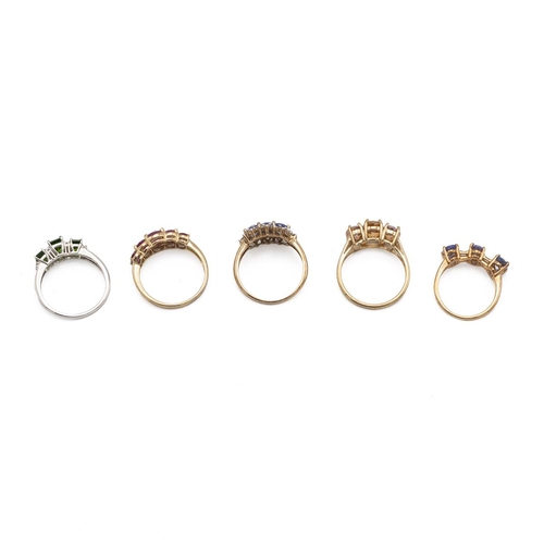 13 - Five 9ct gold rings, each set with various gems, various finger sizes, 12.55g.