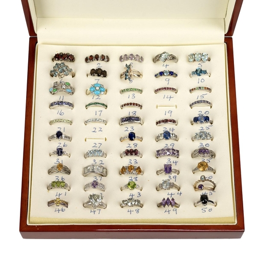 135 - Large collection of gem set silver rings, set with an array of precious gemstones, all cased, approx... 