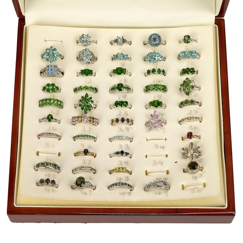 135 - Large collection of gem set silver rings, set with an array of precious gemstones, all cased, approx... 