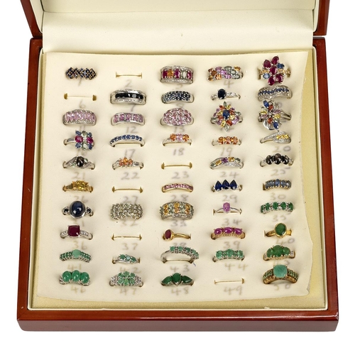 135 - Large collection of gem set silver rings, set with an array of precious gemstones, all cased, approx... 