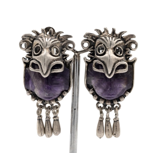 139 - Pair of mid-century silver set Mexcian amethyst clip earrings, each set a Mayan type face, along wit... 