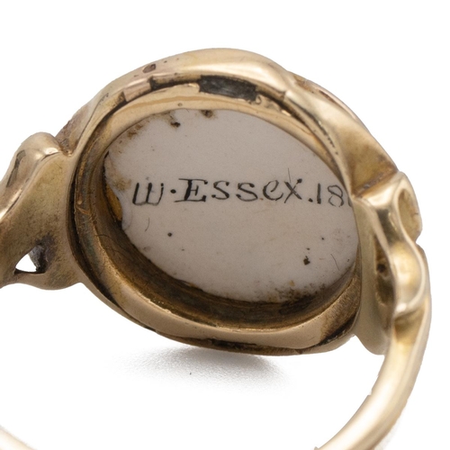 14 - W. Essex ceramic panel set ring, the image of a dog, signed to the reverse ‘W. Essex 1861(), the mou... 