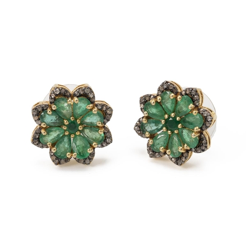 143 - Pair of emerald and rose diamond cluster ear studs, approximately 1.6 cm diameter.