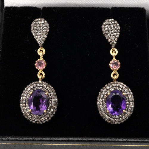 145 - Pair of rose cut diamond, pink topaz and amethyst set cluster drop earrings, 5.4g gross.