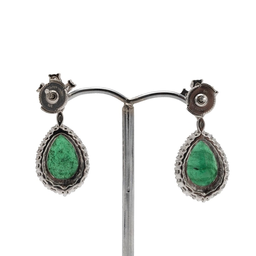 146 - A pair of emerald and diamond drop earrings, the pendeloque cut stones measuring approximately 13 mm... 