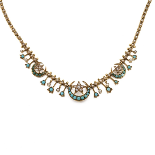 148 - A late Victorian turquoise and seed pearl necklace, the frontispiece composed of three graduated sta... 