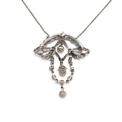 150 - Belle Epoque diamond and pearl pendant necklace, the wreath and ribbon top enclosing a pearl drop, w... 