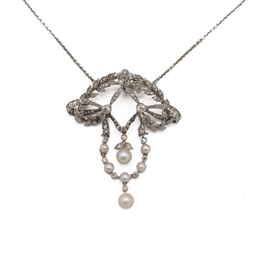 150 - Belle Epoque diamond and pearl pendant necklace, the wreath and ribbon top enclosing a pearl drop, w... 