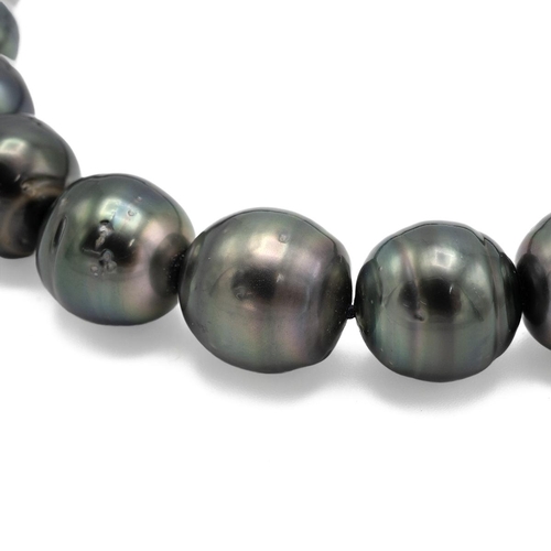 162 - A uniform row of black cultured pearls, the thirty-three baroque pearls of approximately 11mm to 13.... 