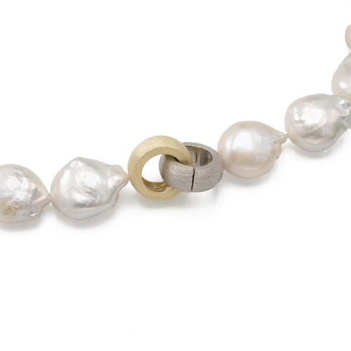 163 - A single row of large baroque freshwater pearls, tom a two colour clasp stamped ‘925’, 44 cm long.