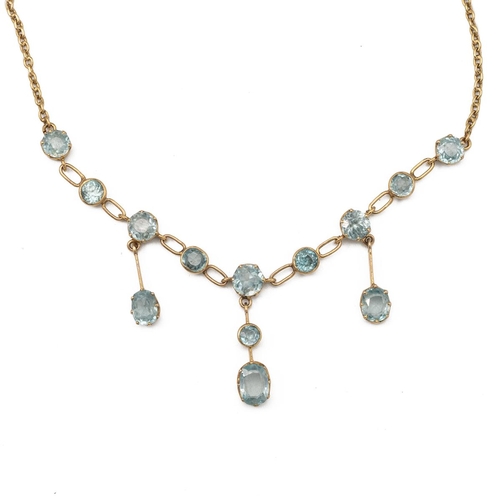 165 - A blue zircon necklace, the thirteen stones to a drop frontispiece on a back chain, 10.7g gross.