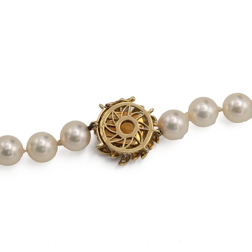 168 - A uniform row of cultured pearls, the forty seven pearls of approximately 8.5-9 mm diameter, to an 1... 