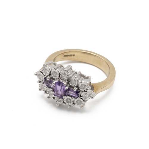 17 - 9ct gold amethyst and diamond cluster dress ring, the three amethysts enclosed by illusion set diamo... 