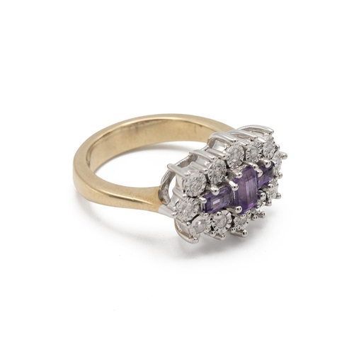 17 - 9ct gold amethyst and diamond cluster dress ring, the three amethysts enclosed by illusion set diamo... 