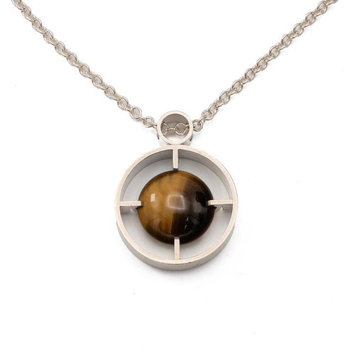 182 - Niels Erik From - large silver pendant set with tiger's eye, on a silver hanging chain, Denmark, 197... 