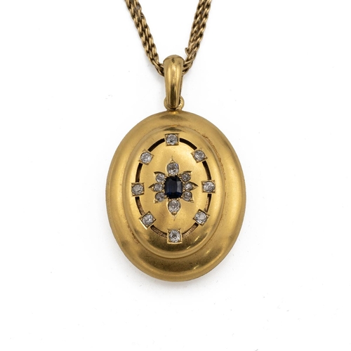 185 - Victorian sapphire and diamond set oval locket, unmarked, the central sapphire within an old cut sta... 