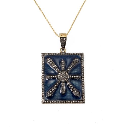 190 - Rose diamond and cold enamel pendant on a chain, the rectangular panel with a star burst-like motif ... 