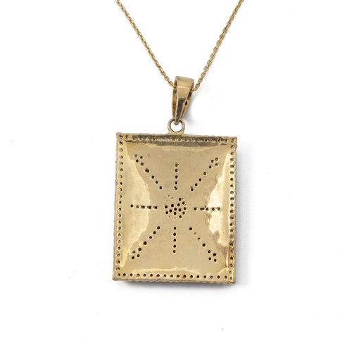 190 - Rose diamond and cold enamel pendant on a chain, the rectangular panel with a star burst-like motif ... 