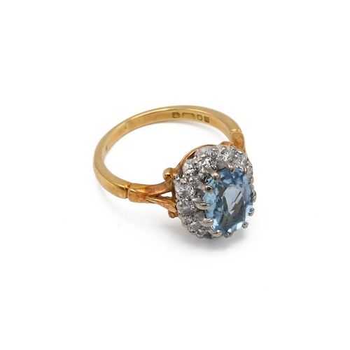 2 - An 18ct yellow gold aquamarine and diamond oval cluster ring, ring size I1/2, total gross weight app... 