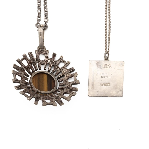 205 - Mid-century Swedish silver abstract pendant and chain, set with cabochon tiger eye, along with a vin... 