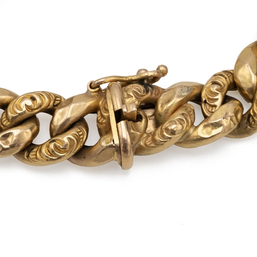 210 - An African yellow metal curb link bracelet, the links with a ripple decoration with a push-pull clas... 