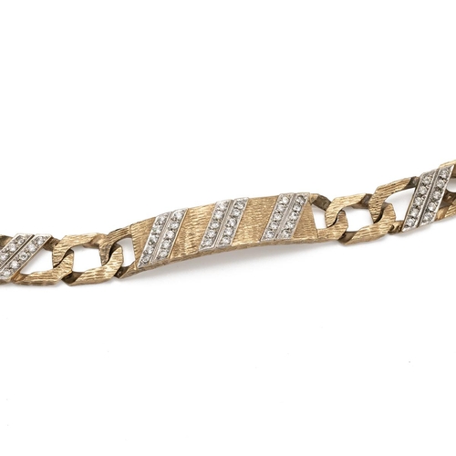 214 - 9ct gold textured bracelet, set with banded white stones, along with 9ct gold curb bracelet. Total w... 