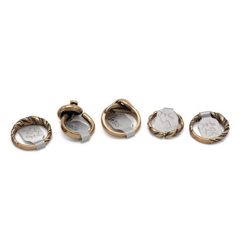 22 - Mid-century Scandinavian bronze rings, includes two rope twice examples, two-knot rings and one othe... 