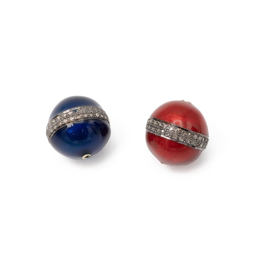 221 - Pair of enamel and rose diamond spheres, one in red, one in blue, with a girdle of rose cut diamonds... 